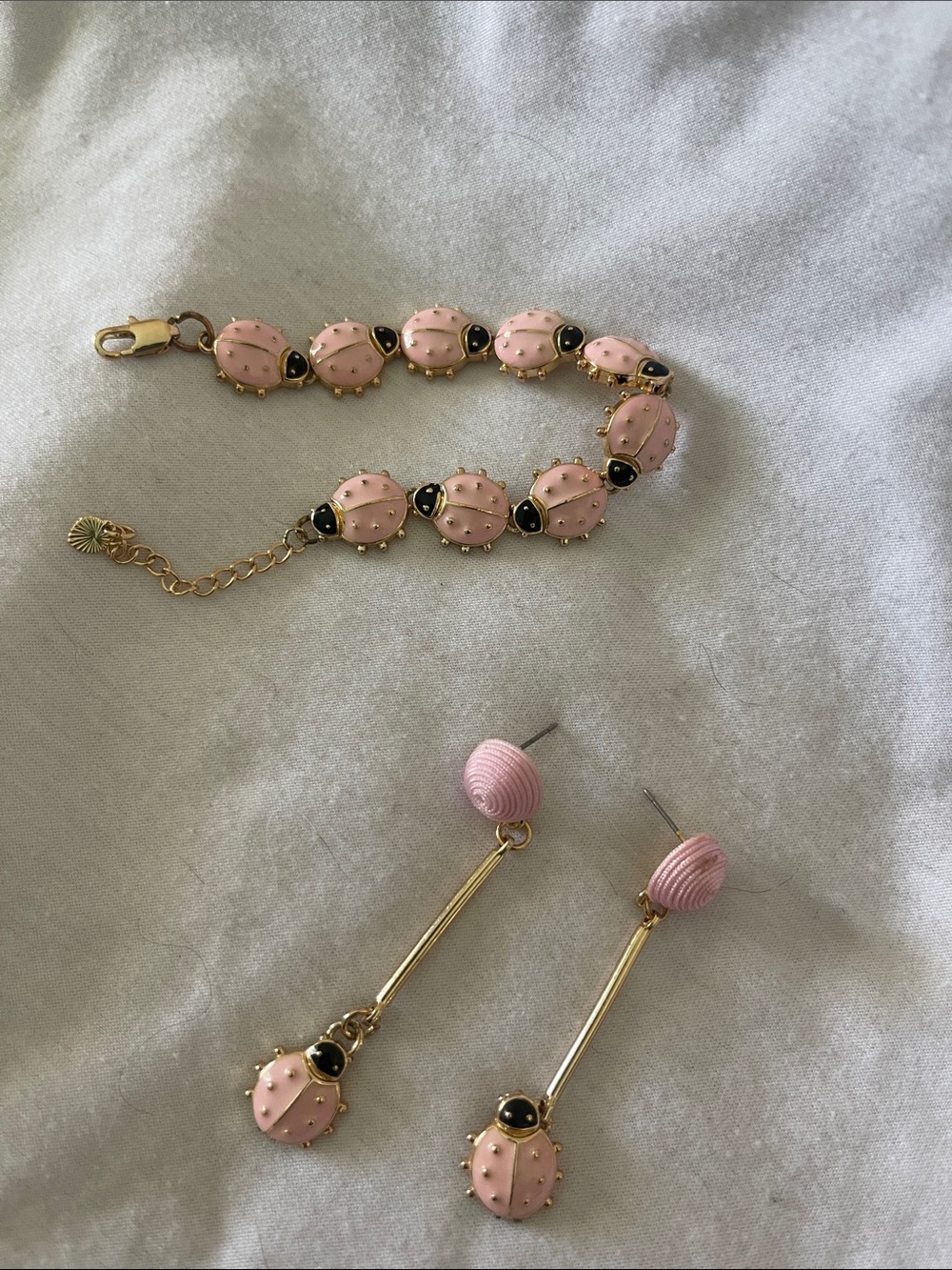 Pink Enamel Ladybug Bracelet and Drop Earrings Set - Gold Accents